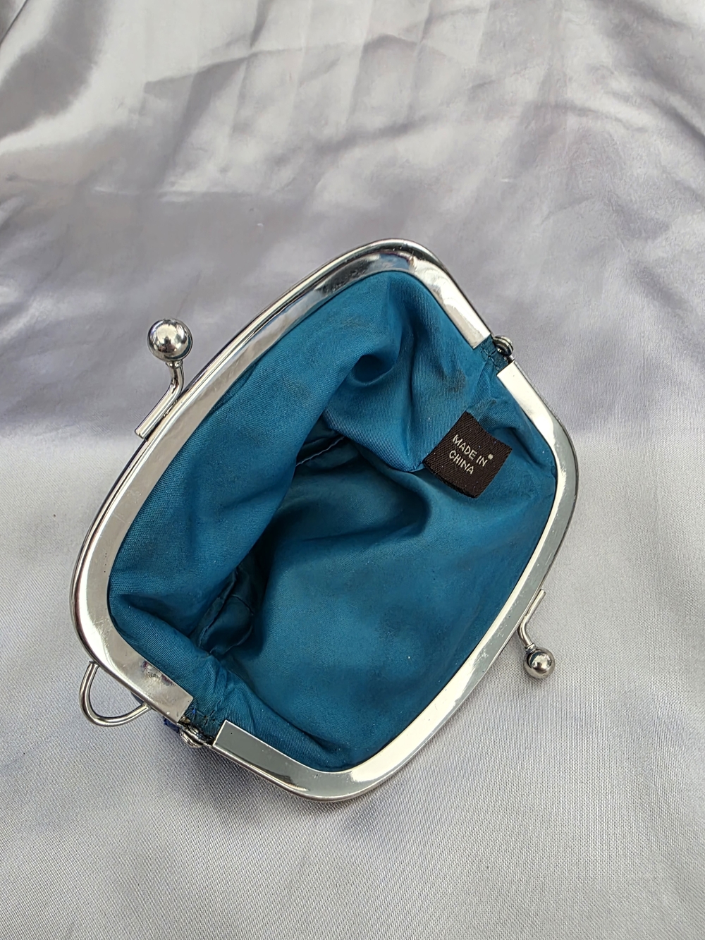 Metallic Blue Ruched Coin Purse with Silver Frame - Picture 7 of 8